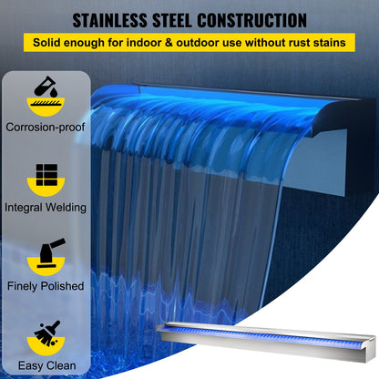 35.4" x 4.5" x 3.1" Stainless Steel Decorative Waterfall Pool Fountain with LED Light for Indoor and Outdoor Garden Pond
