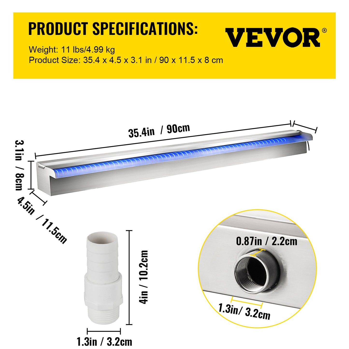 35.4" x 4.5" x 3.1" Stainless Steel Decorative Waterfall Pool Fountain with LED Light for Indoor and Outdoor Garden Pond