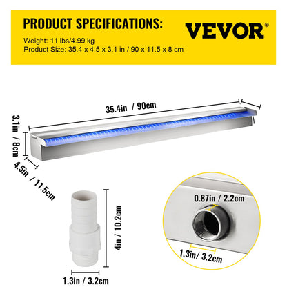 35.4" x 4.5" x 3.1" Stainless Steel Decorative Waterfall Pool Fountain with LED Light for Indoor and Outdoor Garden Pond