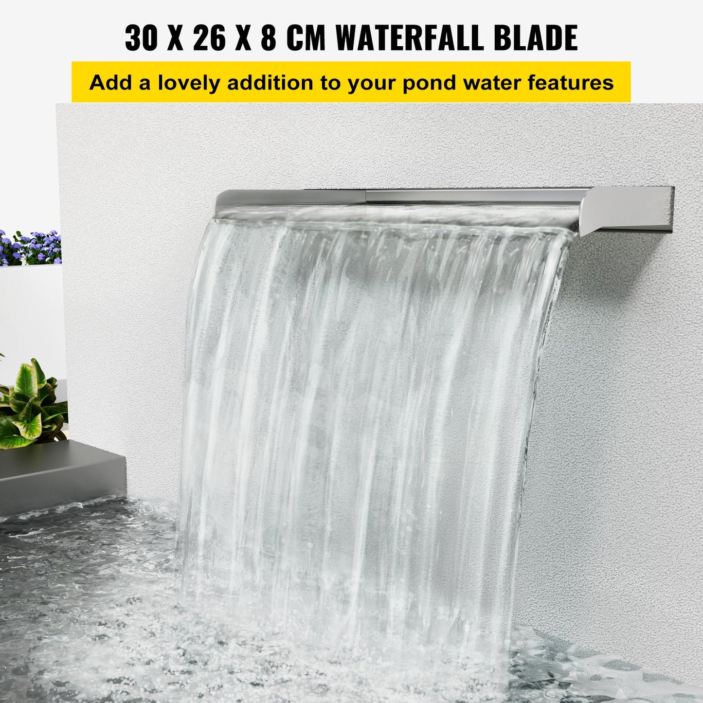 Vattenfallsblad, 30 cm vattenfall i rostfritt stål, rektangulär vattenfallsbassängfontän, kaskadblad med anslutning, slang, klämma och PTFE-tejp, vattenblad för koi-fiskdamm, vattenfunktion
