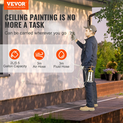 Sprayfärgstryckbehållare, 2L/0,5gal lättviktsluftfärgstryckbehållare, 1,8 mm munstycke Sprayfärgpistol 3m slangar för heminredning Arkitektur Konstruktion Bilmålning, 45PSI Max