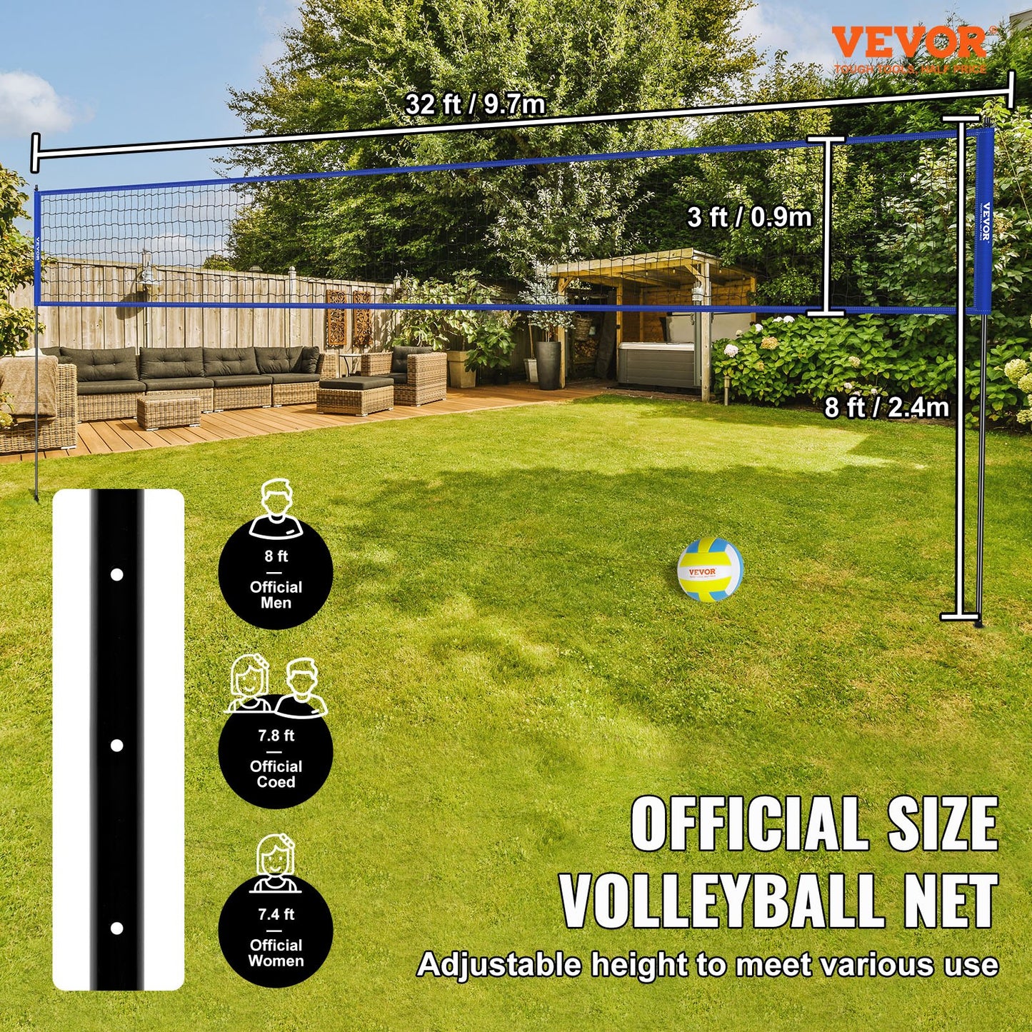 Utomhus bärbart volleybollnätsystem, Stålstolpar med justerbar höjd, Professionell volleybollsats med PVC-volleyboll, pump, bärväska, Heavy Duty volleybollnät för bakgård, strand, gräsmatta