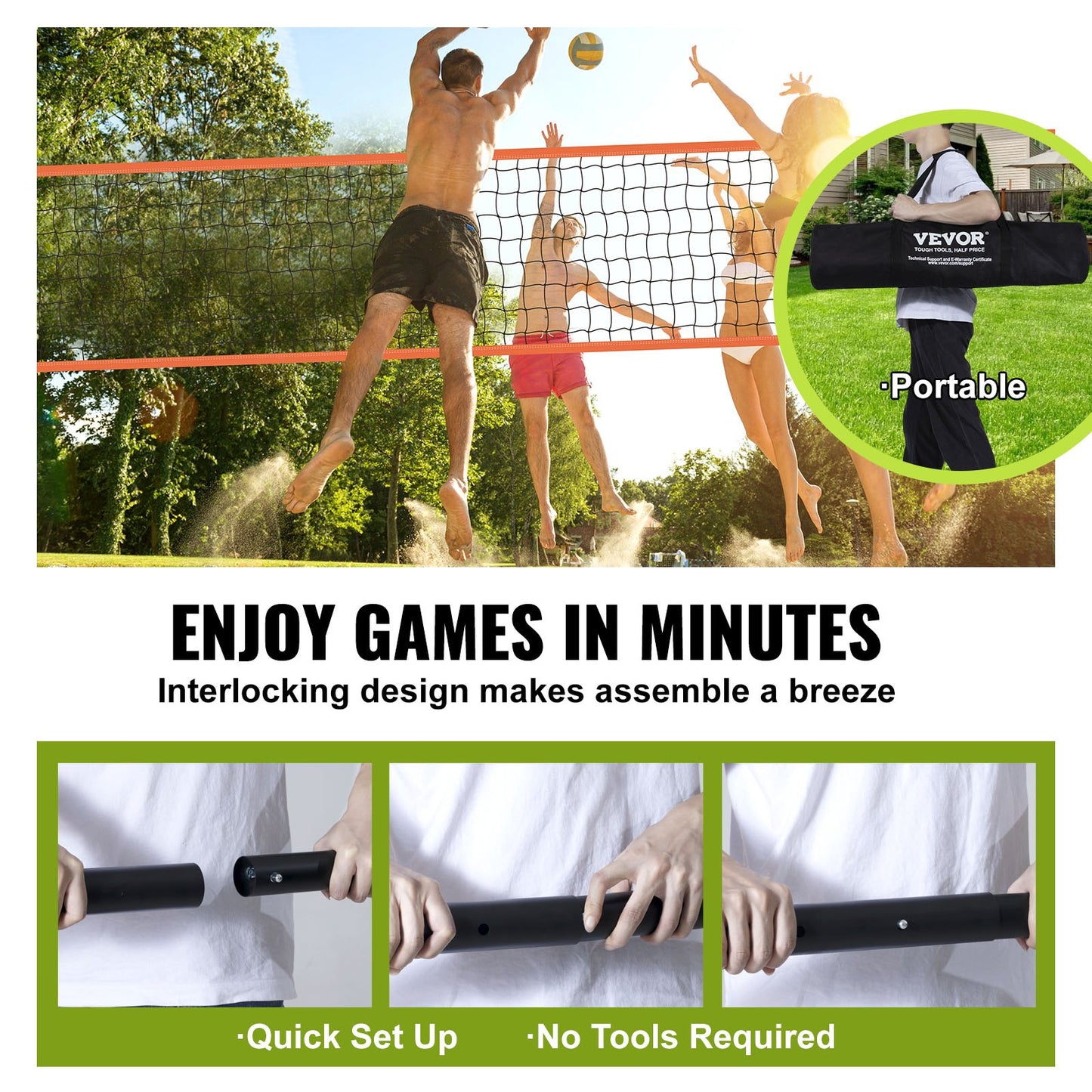 Utomhus bärbart volleybollnätsystem, justerbar höjd aluminiumstolpar, professionellt volleybollset med PVC-volleyboll, pump, bärväska, kraftigt volleybollnät för bakgård, strand, gräsmatta