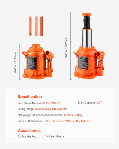 Hydraulic Bottle Jack 20 Ton Manual High Lift Car Workshop