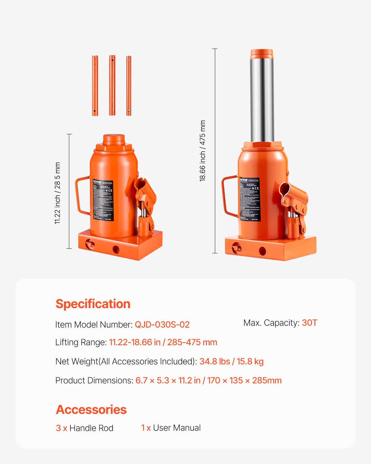 Hydraulic Bottle Jack 30 Ton Manual High Lift Car Workshop
