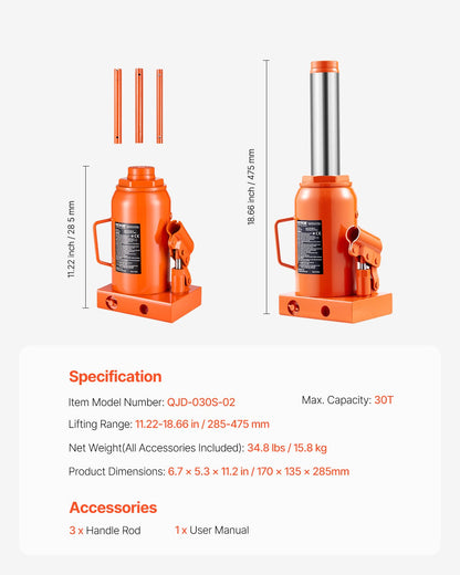 Hydraulic Bottle Jack 30 Ton Manual High Lift Car Workshop