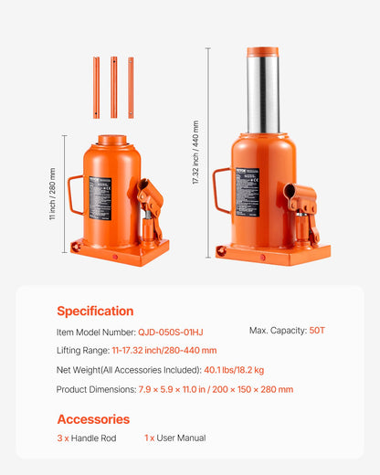 Hydraulic Bottle Jack 50 Ton Manual High Lift Car Workshop