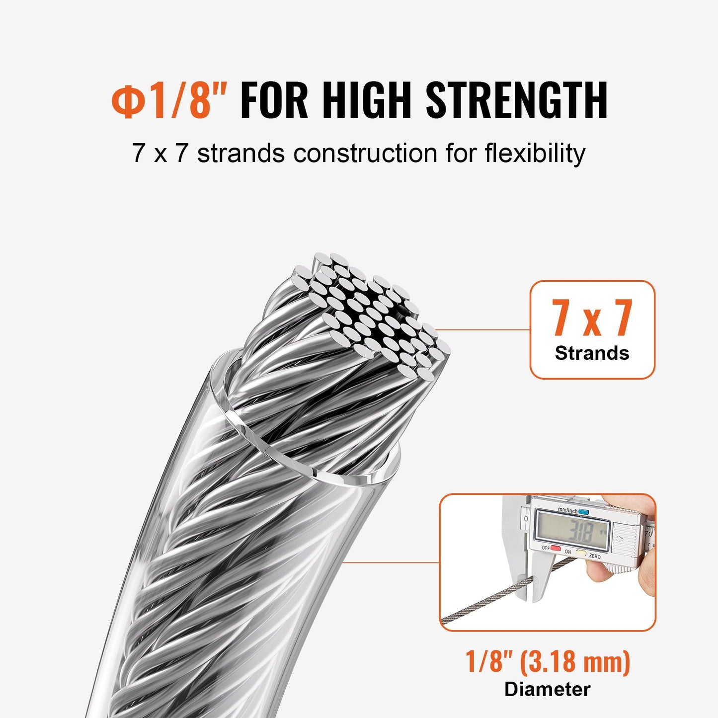T304 kabel i rostfritt stål 1/8" 7x7 stålvajer 100 fot kabelräcke