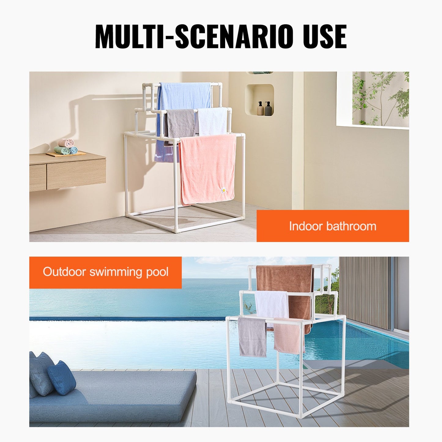 Towel Rack 8-Bar PVC Towel Holder Outdoor for Poolside Spa Bathroom White