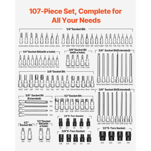 Bit socket set 107-piece SAE and metric hex/torx/E-torx/tamper-proof/extra long | EU