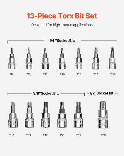 Torx Bits Socket Set 13-piece Star T8 - T60 Set S2 Alloy steel and Cr-V steel