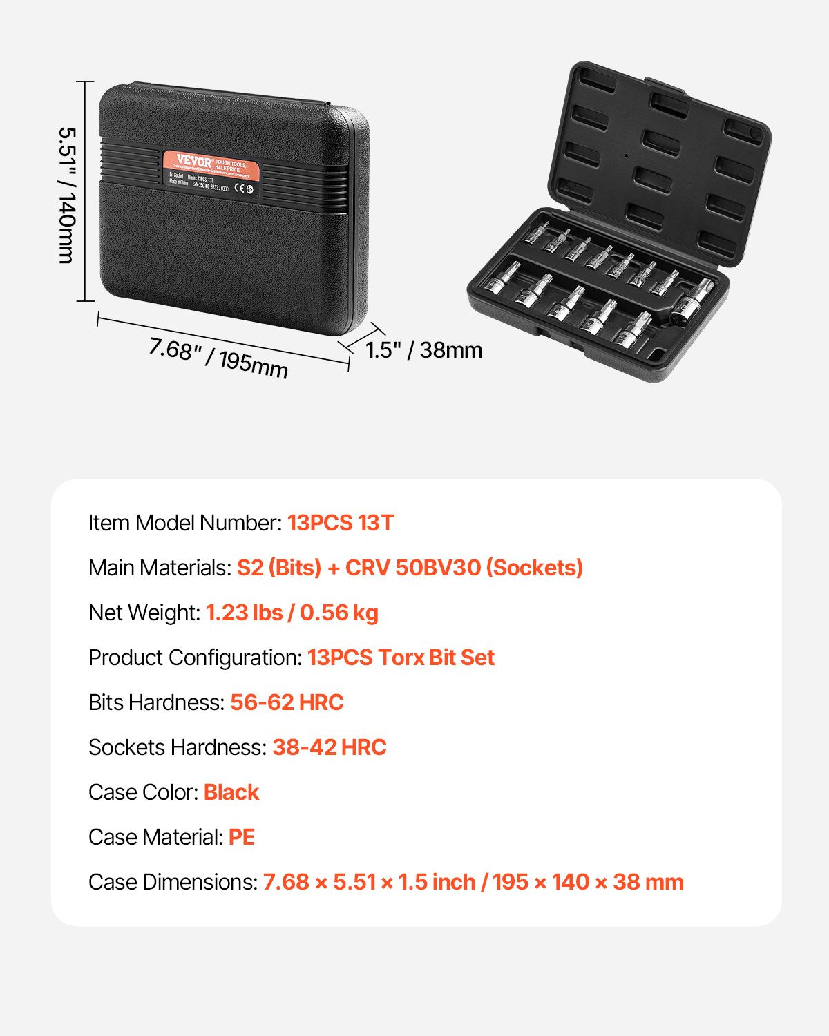 Torx Bits Socket Set 13-piece Star T8 - T60 Set S2 Alloy steel and Cr-V steel