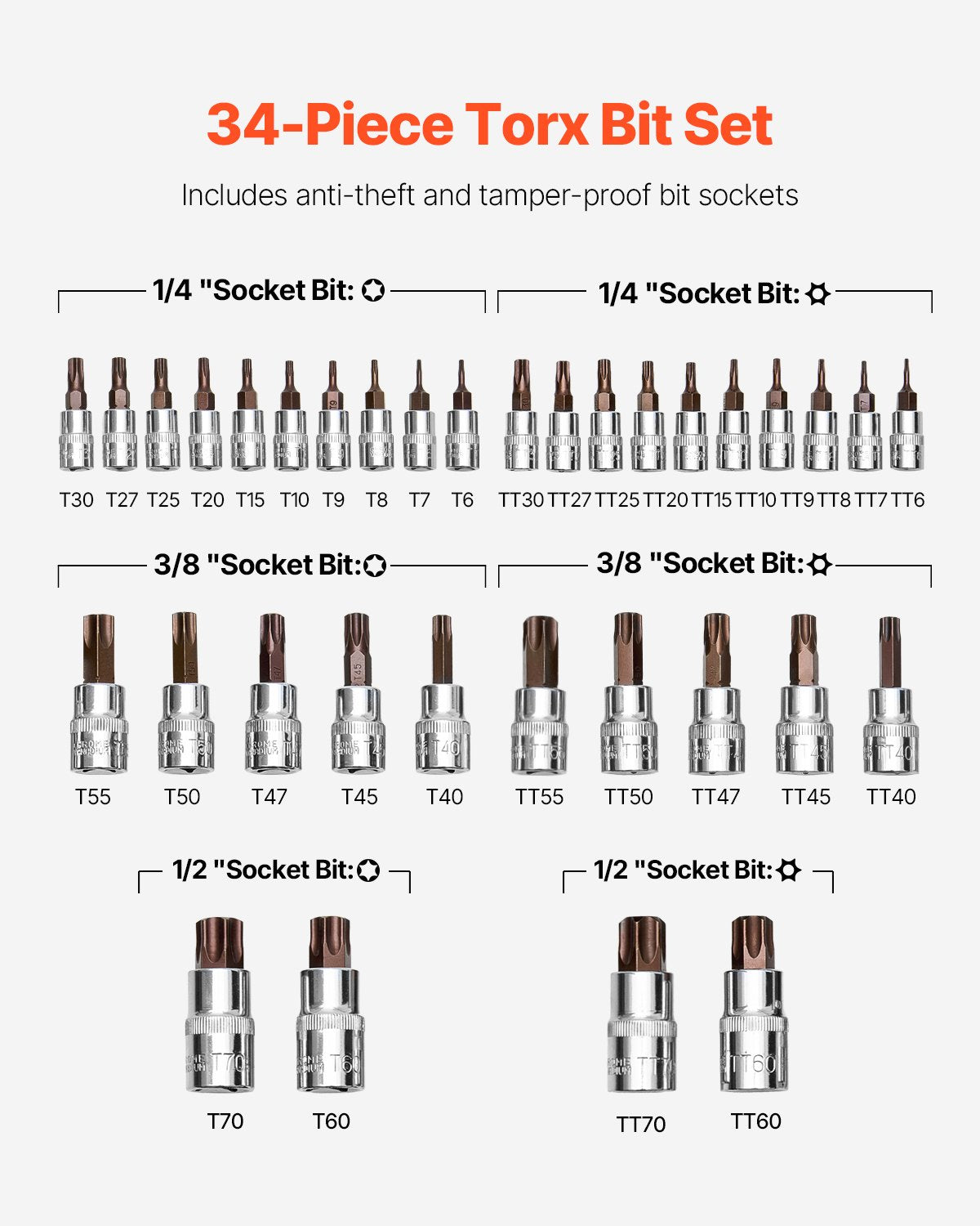 Torx Bits Sockel Set 34-delad Solid Star och manipuleringssäker T6-T70 S2 Legerat stål