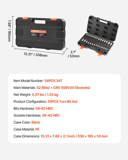 Torx Bits Sockel Set 34-delad Solid Star och manipuleringssäker T6-T70 S2 Legerat stål