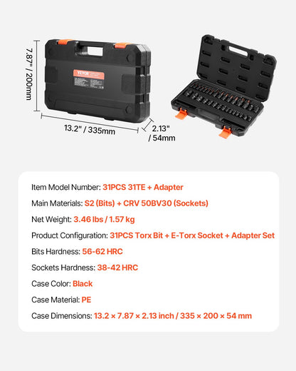 Torx Bit Socket and External Torx Socket Set 31-piece T8-T70 and E4-E24 steel