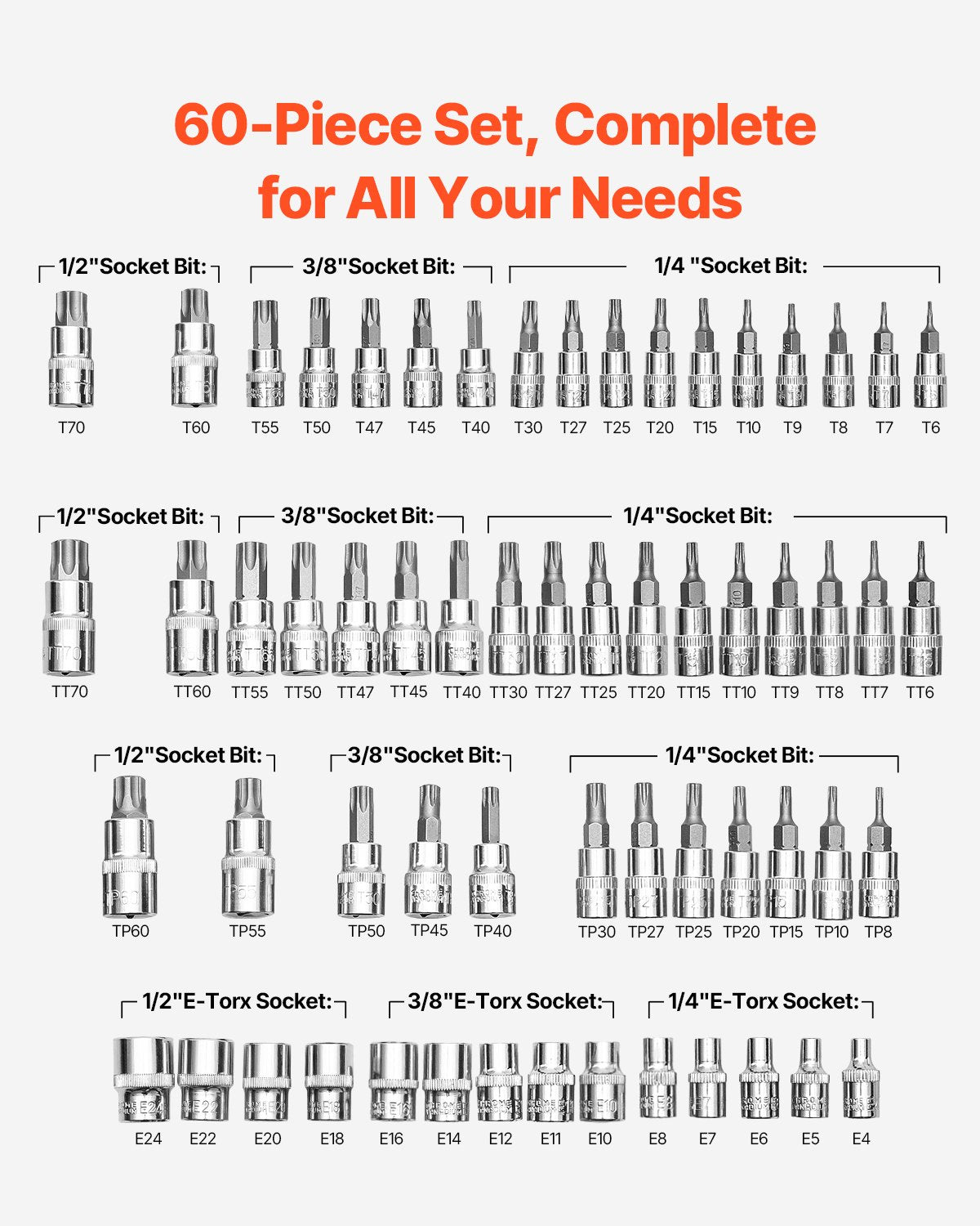 Torx Bit Sockel och Extern Torx Sockel Set 60-delad S2 Legerat stål Cr-V stål