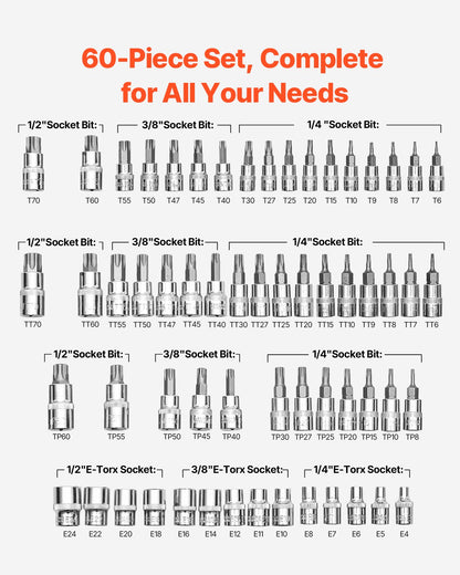 Torx Bit Sockel och Extern Torx Sockel Set 60-delad S2 Legerat stål Cr-V stål