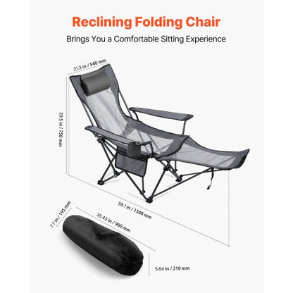Vilfåtölj, 4 justerbara positioner, bärbar hopfällbar solstol för vuxna, nätstrandstol med nackstöd och fotstöd, stöder 220 lbs, kraftiga campingstolar för uteplats, grå |  EU