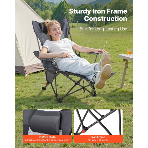 Vilfåtölj, 4 justerbara positioner, bärbar hopfällbar solstol för vuxna, nätstrandstol med nackstöd och fotstöd, stöder 220 lbs, kraftiga campingstolar för uteplats, grå |  EU