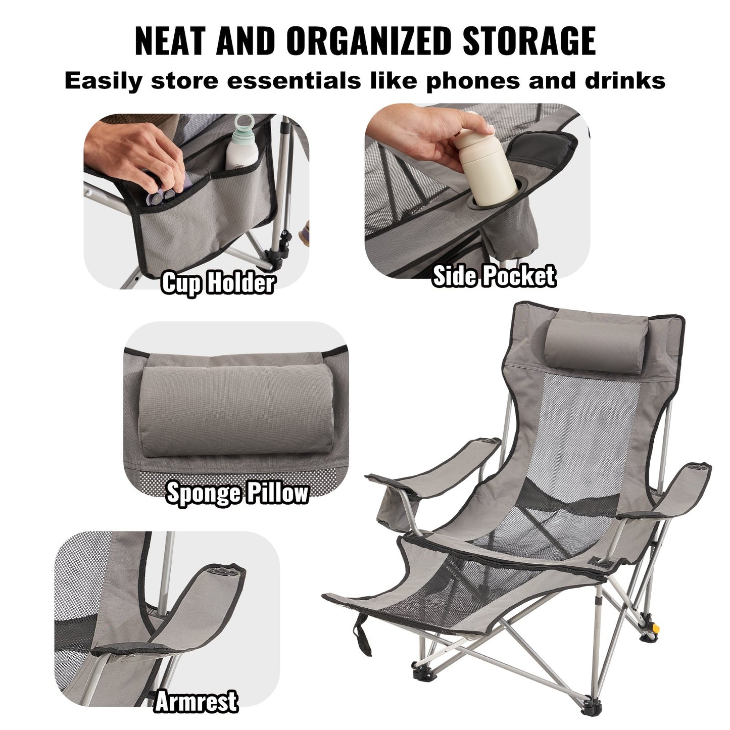 Reclining Camping Chair Folding Chair 330 lbs Load for Home and Outdoor