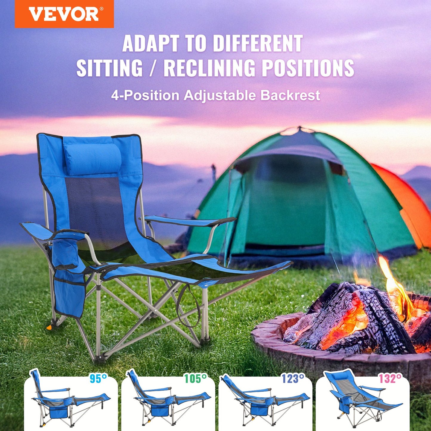 Reclining Camping Chair Portable Chair 330 lbs Load for Outdoor and Home