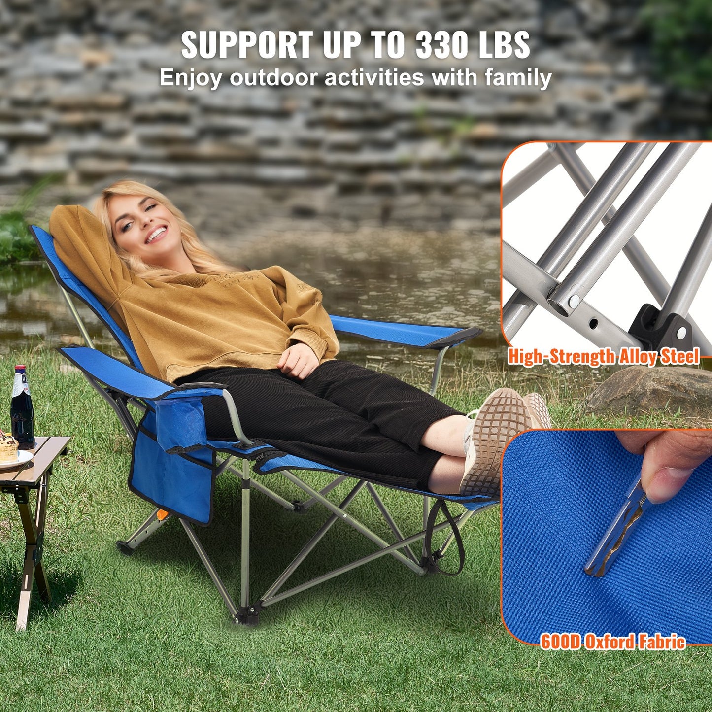 Reclining Camping Chair Portable Chair 330 lbs Load for Outdoor and Home