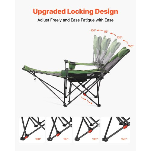 Vilfåtölj, 4 justerbara positioner, bärbar hopfällbar solstol för vuxna, nätstrandstol med nackstöd och fotstöd, stöder 220 lbs, kraftiga campingstolar för uteplats, grön |  EU