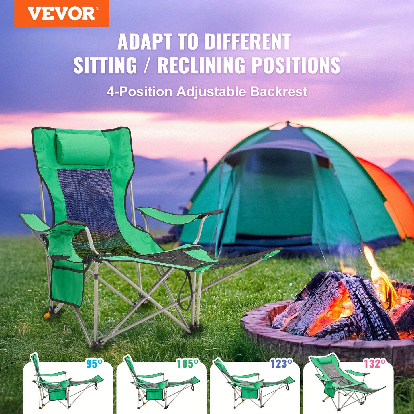 Reclining Camping Chair Portable Chair 330 lbs Load for Home and Outdoor