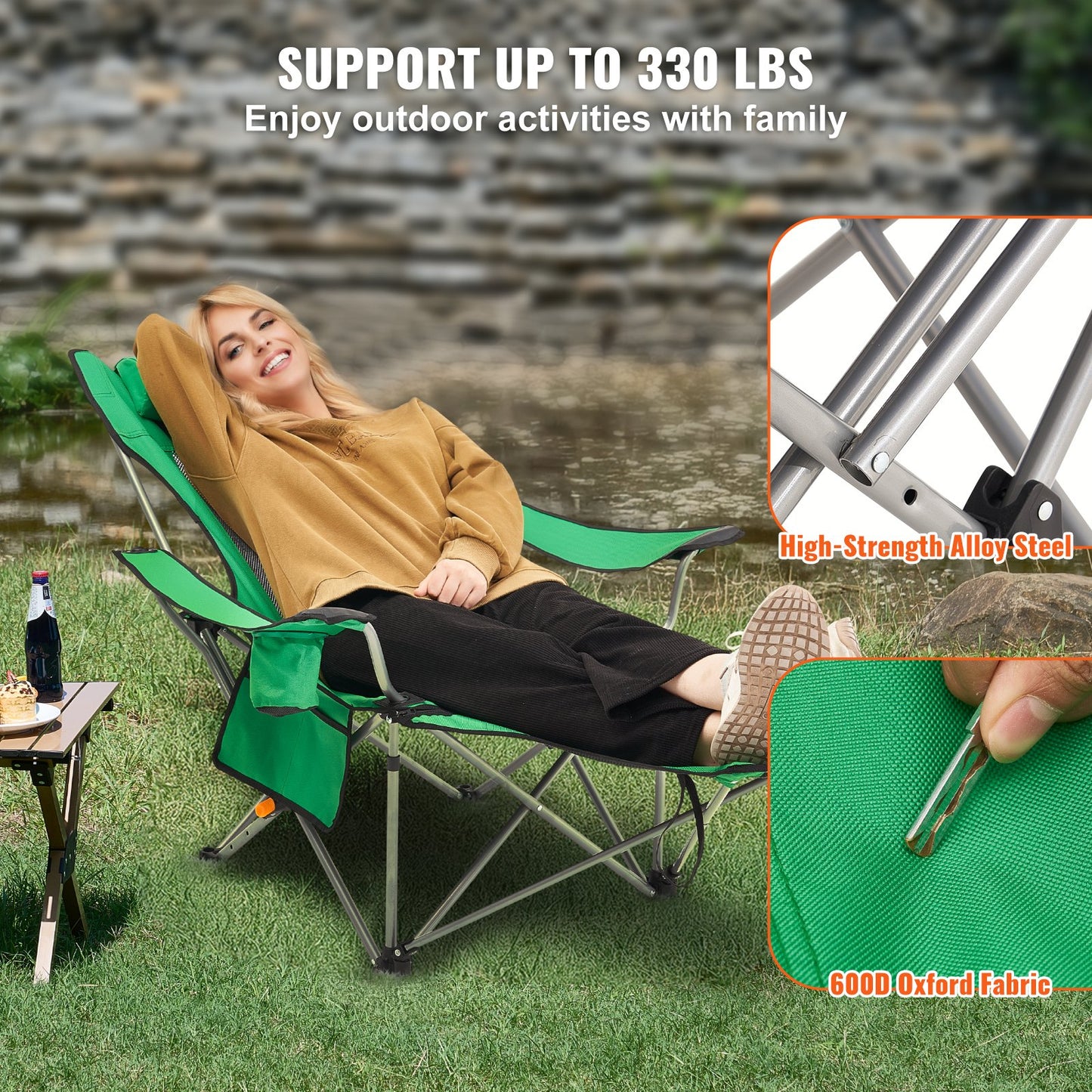 Reclining Camping Chair Portable Chair 330 lbs Load for Home and Outdoor