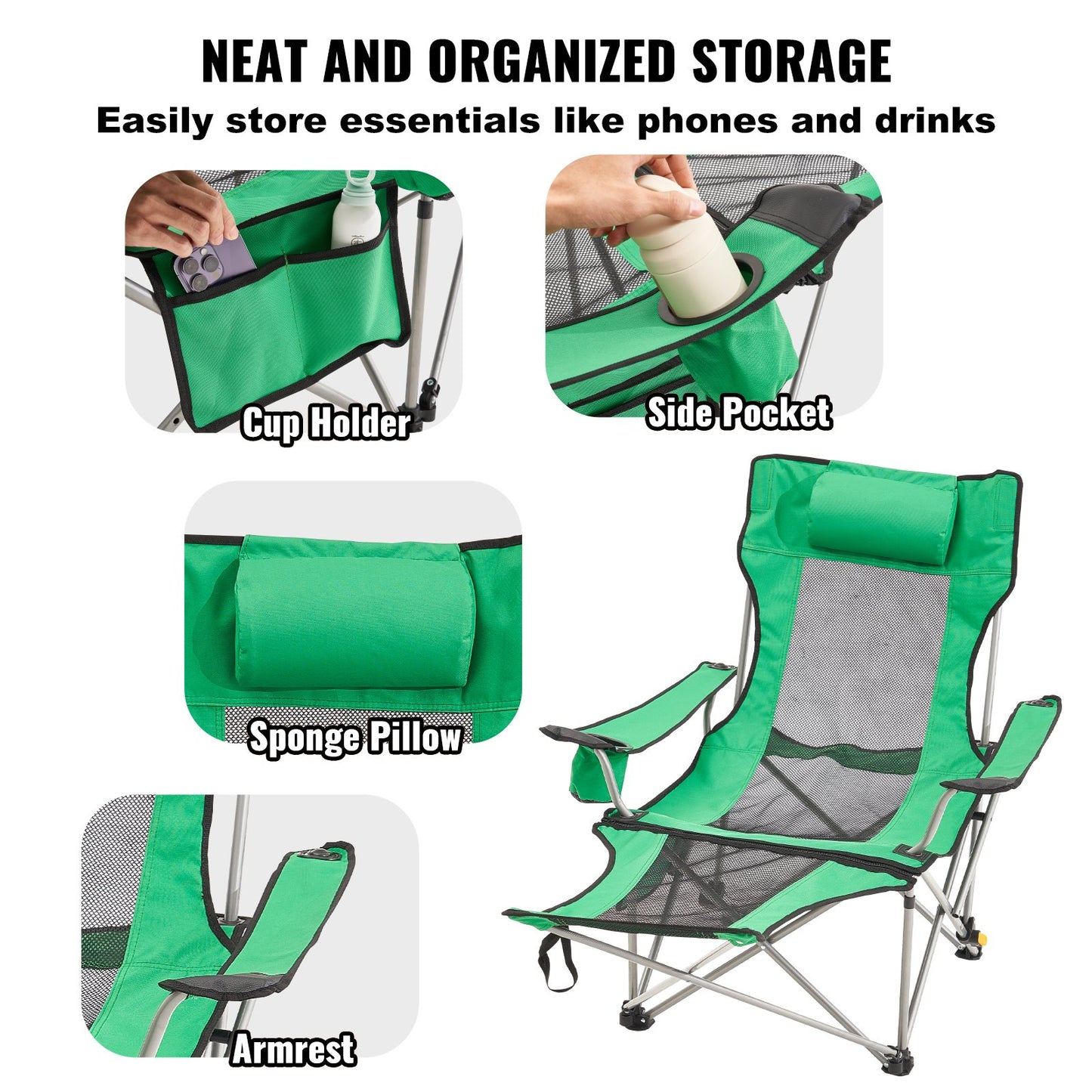 Reclining Camping Chair Portable Chair 330 lbs Load for Home and Outdoor