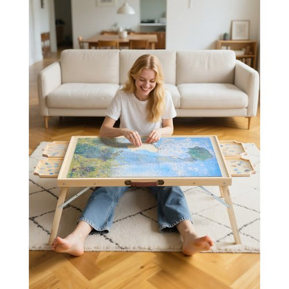 1500-piece puzzle board with folding legs, portable wooden jigsaw, 86x63cm