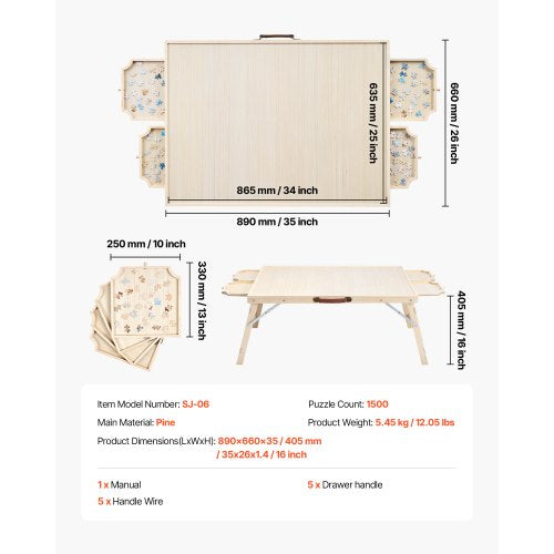 1500-piece puzzle board with folding legs, portable wooden jigsaw, 86x63cm