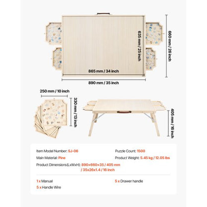 1500-piece puzzle board with folding legs, portable wooden jigsaw, 86x63cm