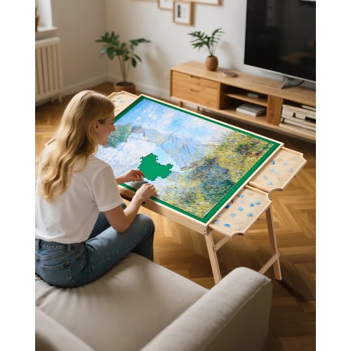1500-bitars pusselbräde med fällbara ben, bärbart trästicksåg, 86x63cm
