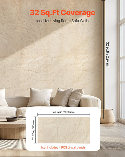 3D Wall Panels 4-pack 48x24'' PU Stone-Look 32 Sq.Ft Coverage Stone Yellow