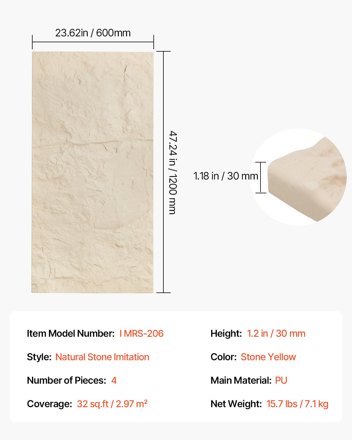 3D Wall Panels 4-pack 48x24'' PU Stone-Look 32 Sq.Ft Coverage Stone Yellow
