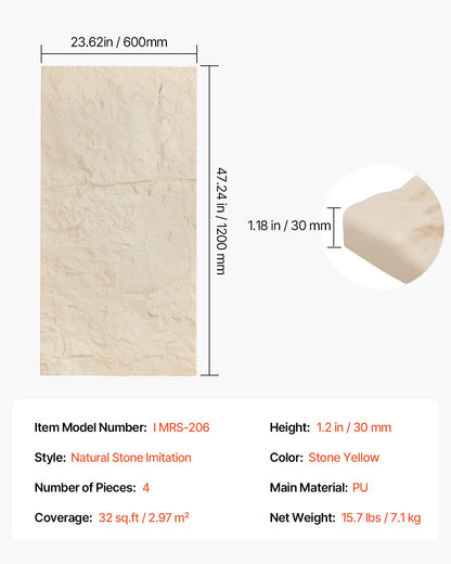 3D Wall Panels 4-pack 48x24'' PU Stone-Look 32 Sq.Ft Coverage Stone Yellow