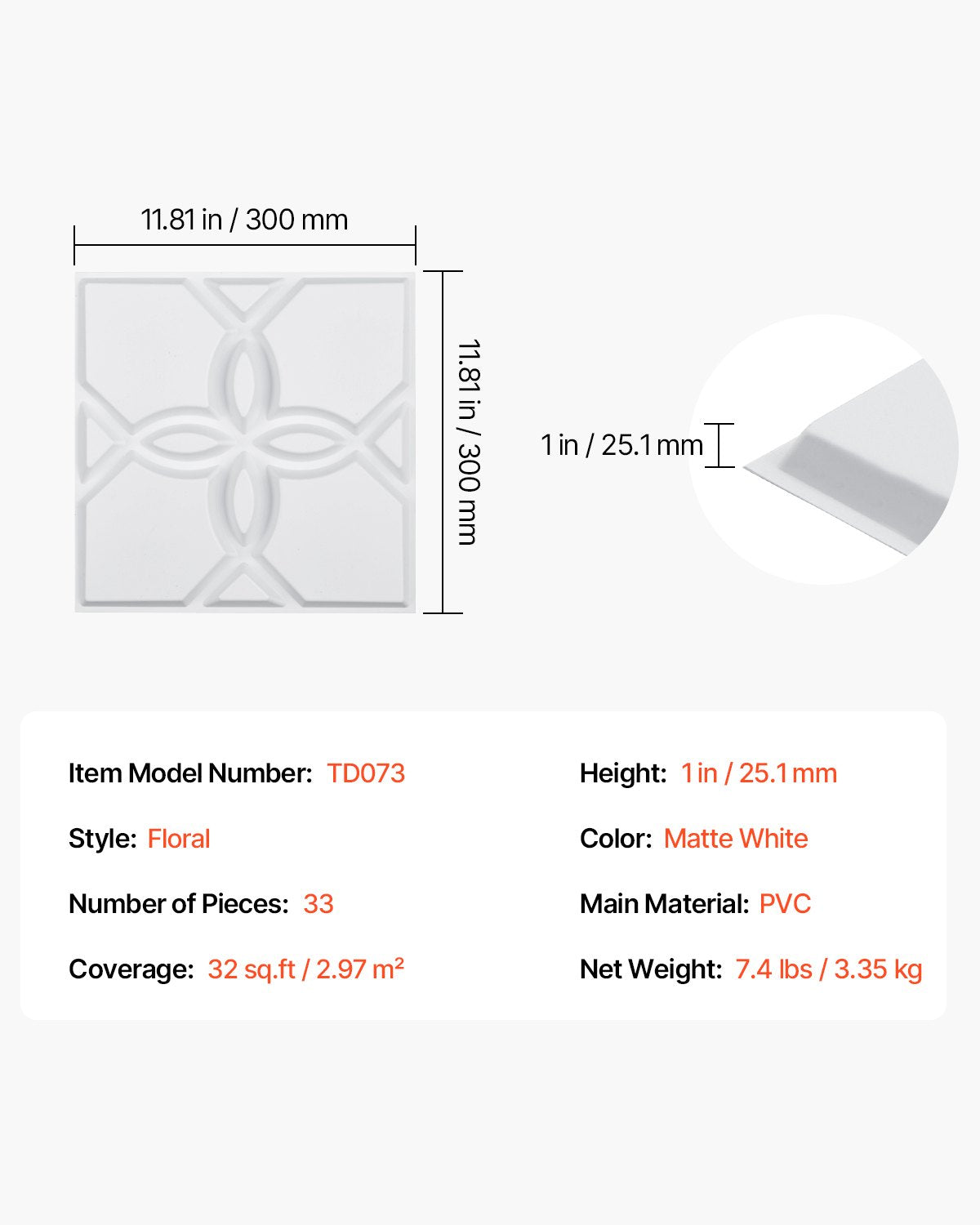 3D Wall Panels 33-pack 11.81x11.81'' PVC 32 Sq.Ft Coverage Floral White