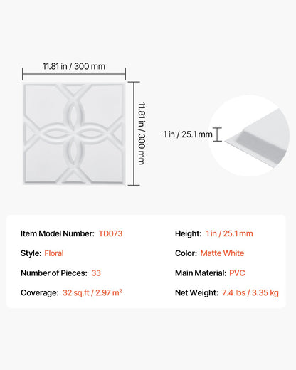 3D Wall Panels 33-pack 11.81x11.81'' PVC 32 Sq.Ft Coverage Floral White