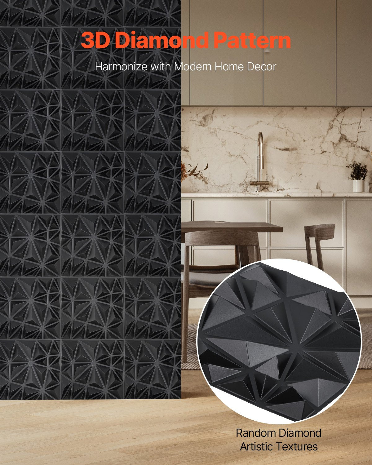 3D Wall Panels 33-pack 11.81x11.81'' PVC 32 Sq.Ft Coverage Diamond Black