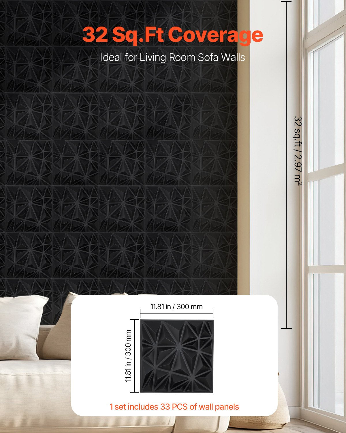 3D Wall Panels 33-pack 11.81x11.81'' PVC 32 Sq.Ft Coverage Diamond Black