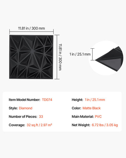 3D Wall Panels 33-pack 11.81x11.81'' PVC 32 Sq.Ft Coverage Diamond Black