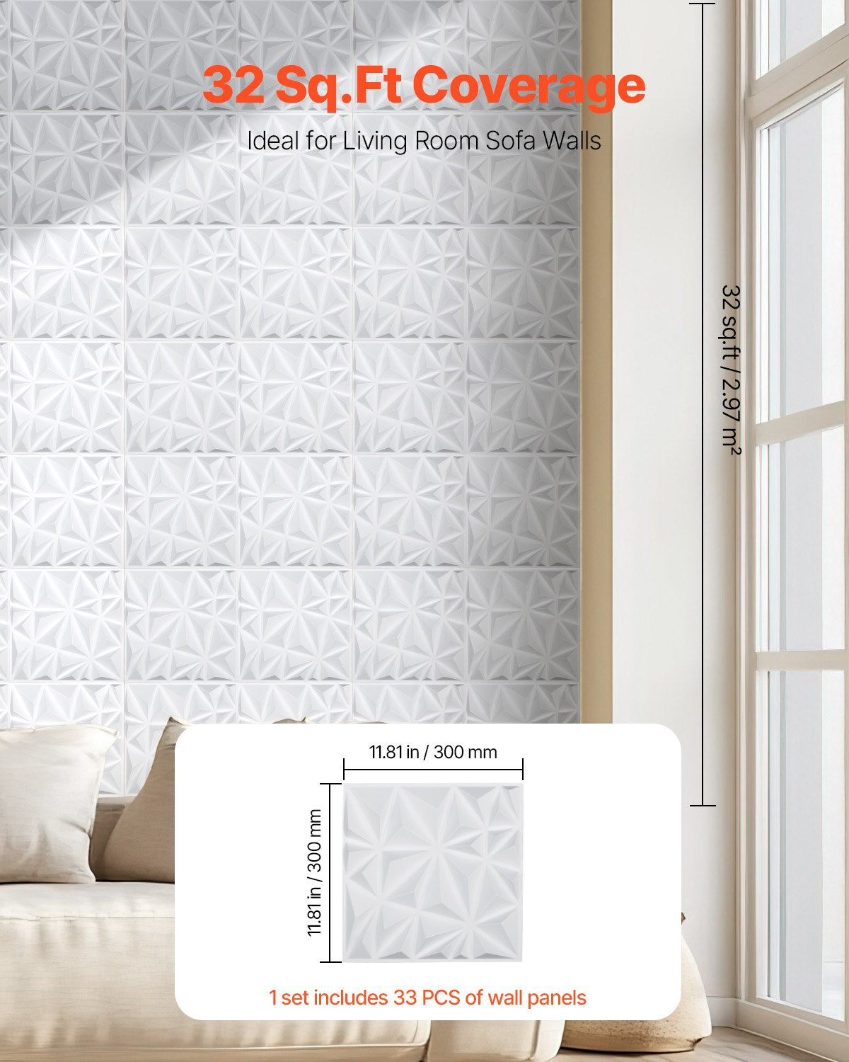 3D Wall Panels 33-pack 11.81x11.81'' PVC 32 Sq.Ft Coverage Diamond White