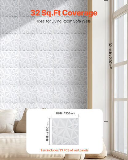 3D Wall Panels 33-pack 11.81x11.81'' PVC 32 Sq.Ft Coverage Diamond White