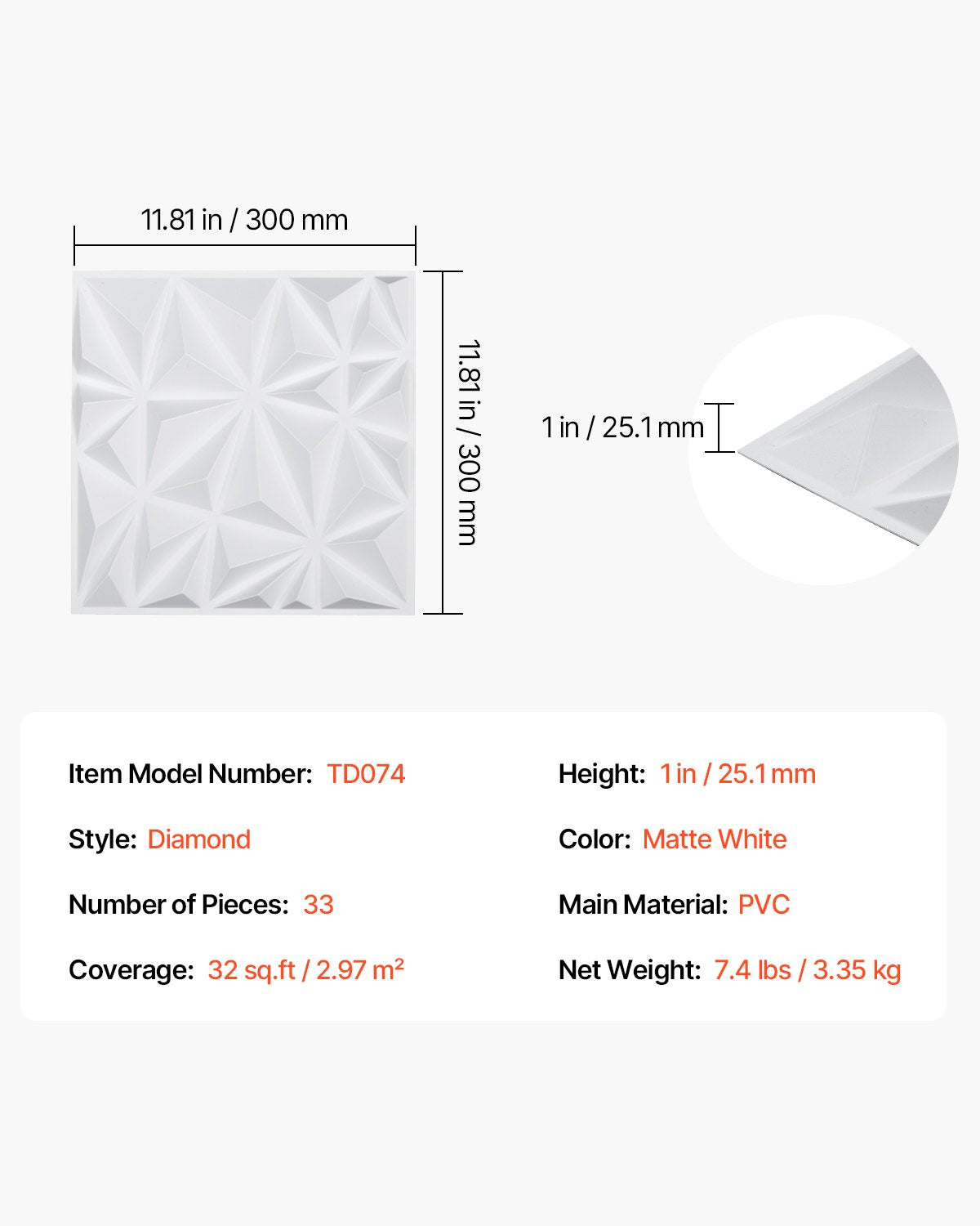 3D Wall Panels 33-pack 11.81x11.81'' PVC 32 Sq.Ft Coverage Diamond White