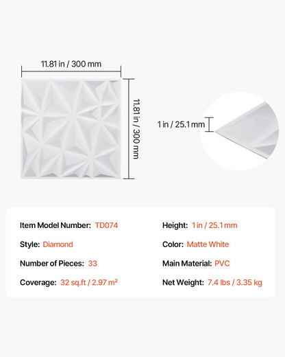 3D Wall Panels 33-pack 11.81x11.81'' PVC 32 Sq.Ft Coverage Diamond White