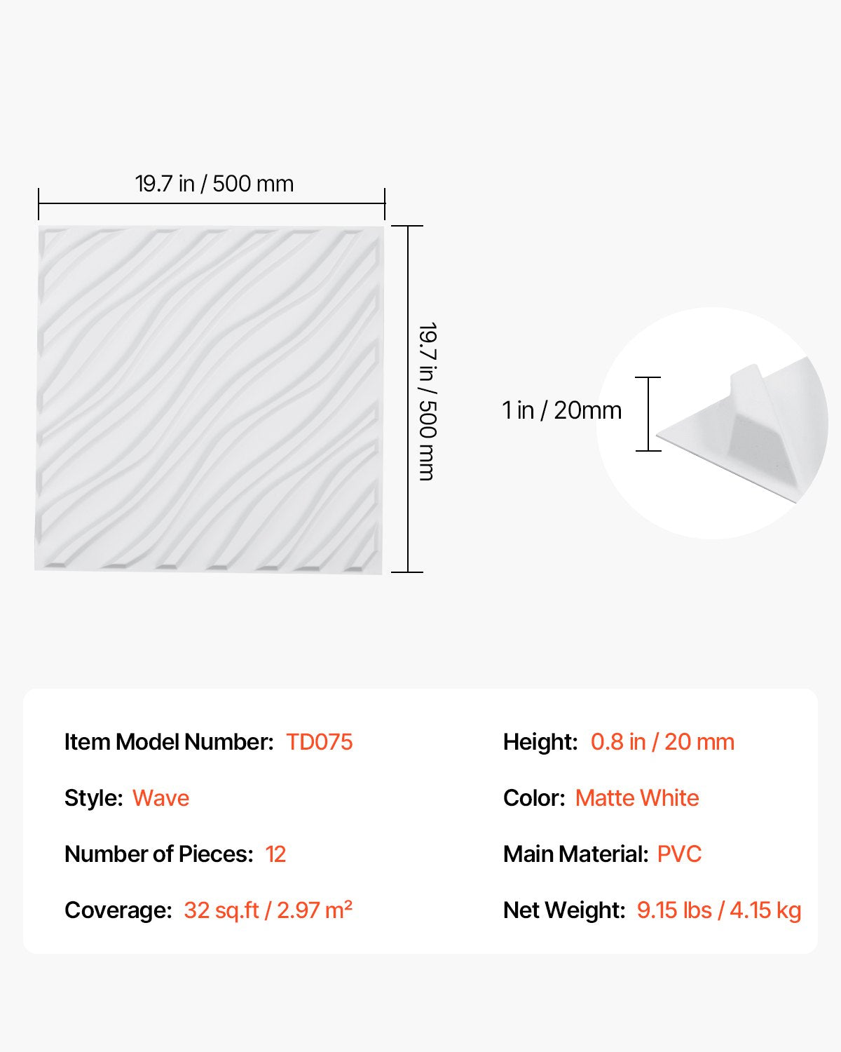 3D Wall Panels 12-pack 19.7x19.7'' PVC 32 Sq.Ft Coverage Wave Matt White