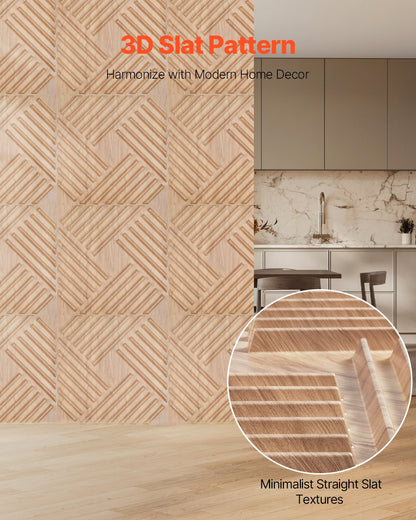 3D Slat Wall Panels 12-Pack 19.7x19.7'' PVC 32 Sq.Ft Coverage Light Wood