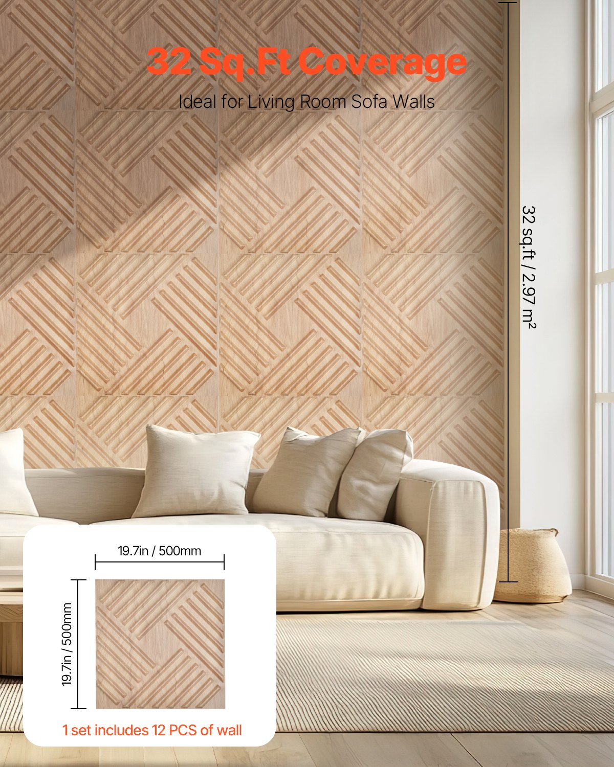 3D Slat Wall Panels 12-Pack 19.7x19.7'' PVC 32 Sq.Ft Coverage Light Wood