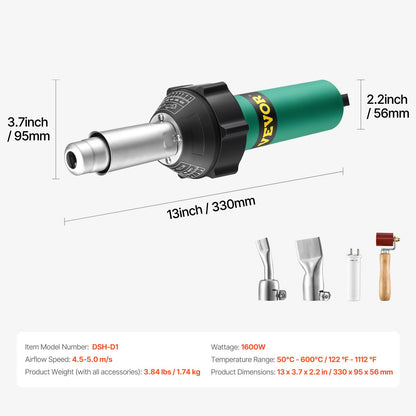 Hot Air Plastic Welder 1600 W PVC TPO Vinyl Heat Gun Flashlight &amp; 4 Accessories
